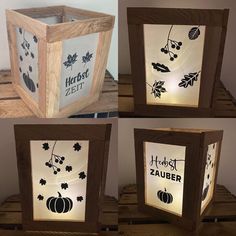 four different pictures of an illuminated box with leaves and acorns on it, including the word hubrat zeit