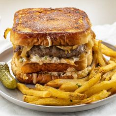 a grilled cheeseburger with french fries on a plate