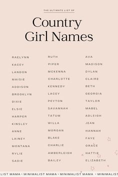 the ultimate list of country girl names in pink and black on a light pink background