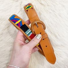 So classic and colourful and fun! This belt is mid weight and leather and has a colourful textile insert down the centre. Add a tank and a pair of jeans and go be chic. Size: L/XL Length: 38''-42'' Condition: Very good; some soft wear. Colorful Textiles, Suspender Belt, Belt Size, Suspenders, Leather Belt, Belts, Bathing Beauties, Accessory Gift, Textiles