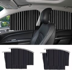 the front and rear seats of a car with black leather upholstered, in three different views