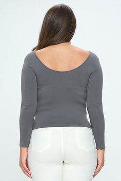 Women's Solid Color Seamless Reversible Long Sleeve Top• Reversible Scoop-neck or V-neck• Ultra Soft• Curve-Hugging• Long Sleeve• Body Contouring• Stretchy Knit• Machine Wash• Imported 92% Nylon / 8% Spandex OS:- One size fits most 0-14 OS Curvy:- One size fits most plus 16-22 Gray High Stretch Tops With Built-in Bra, Versatile Seamless Gray Tops, Gray Stretch Seamless Top, Versatile Gray Seamless Tops, Versatile Gray Seamless Top, Gray Stretch Scoop Neck Crop Top, Gray Stretch Crop Top With Scoop Neck, Seamless Scoop Back Top For Layering, Gray Scoop Neck Seamless Top