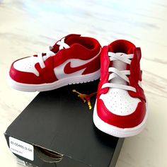 Red And White Brand New /Box Low Jordan Sneakers. Toddler Size 7c. Brand New Never Worn Casual Red Sneakers For Playtime, Playful Red High-top Sneakers, Red High-top Sneakers For Playtime, Red And White Jordans, White Jordans, Red Sneakers, Air Jordan Shoes, White Brand, Girls Sneakers