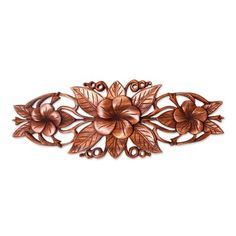 an ornate metal wall decoration with flowers and leaves on the side, in copper color