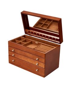 an open wooden jewelry box with drawers on the top and bottom, isolated against a white background