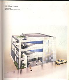 an architectural drawing of a building with cars parked in front