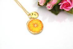 Gold Lemon Charm Necklace, Orange Slice Charm, Orange Charm, Fruit Food Charm, Foodie Gift, Personalized Gift, HOW TO ORDER 1) Select the quantity 2) Select stamp the initial and chain length 3) Add to cart DESCRIPTION ♥ Stainless steel chain, electroplated gold chain ♥ Stainless steel disc, electroplated gold 10mm. ♥ Alloy Enamel Pendants, 25 mm x 21mm ** Conversion: 1 inch = 25.4mm or 1mm = 0.0393 inches** Additional initial charm https://www.etsy.com/listing/250795439 Add a birthstone charm h Personalized Yellow Charm Necklaces For Gift, Personalized Yellow Charm Necklace As Gift, Personalized Yellow Charm Necklace For Gift, Handmade Orange Charm Necklace For Gift, Handmade Orange Charm Necklace As A Gift, Enamel Pendants, Necklace Orange, Food Charms, Orange Slice