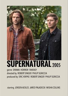 two men standing next to each other with the words supernatural in front of their faces