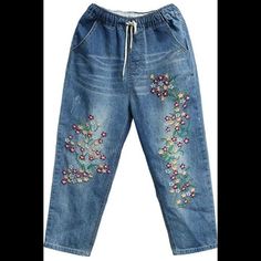 Floral Embroidered Ripped Distressed Design Capri Lightweight/Breathable Loose Fit Drawstring Elasticated Waist High Rise Medium Wash Size:Xl 90% Cotton, 10% Polyester New With Tags Embroidered Denim Blue Pants, Spring Embroidered Denim Blue Pants, Casual Embroidered Denim Pants, Embroidered Non-stretch Denim Pants, Casual Embroidered Jeans For Summer, Embroidered Denim Blue Casual Bottoms, Casual Embroidered Denim Blue Bottoms, Non-stretch Embroidered Casual Bottoms, Casual Non-stretch Embroidered Bottoms