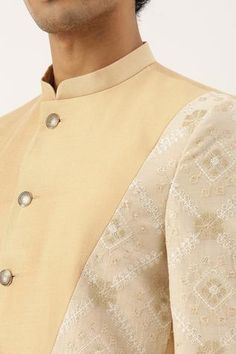 Shop for Mayank Modi - Men Beige Silk Embroidered Bandhgala for Men Online at Aza Fashions Embroidered Bandhgala, Bandhgala For Men, Floral Thread Embroidery, Beige Silk, White Patches, Embroidered Neckline, Thread Embroidery, Band Collar, Fabric Silk