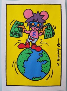 a drawing of a mouse sitting on top of a globe with money coming out of it