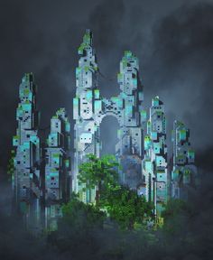 a futuristic city in the middle of a forest at night with green trees and dark clouds