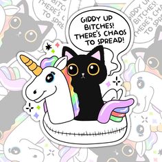 a black cat sitting on top of a white unicorn in a pile of stickers