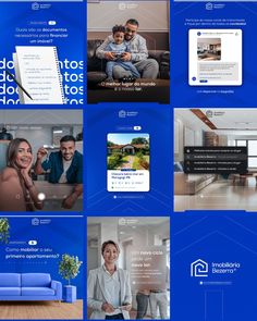 a collage of photos with people on the couch and in the background, there is an advertisement for real estate