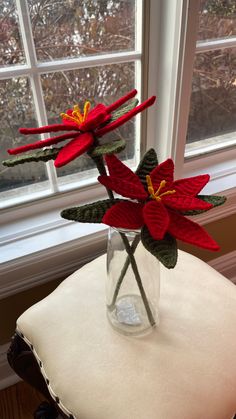 two red flowers in a clear vase on a chair