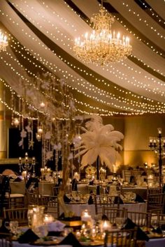 the ceiling is decorated with lights and chandeliers for an elegant wedding or reception