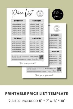 two price list templates for pricing lists