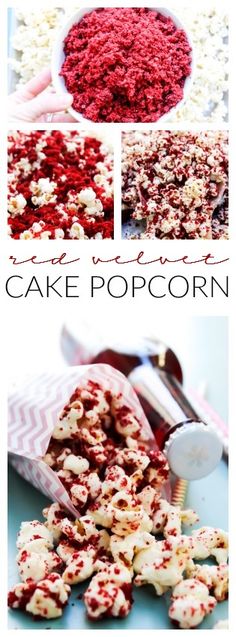 red velvet cake popcorn with white chocolate sprinkles