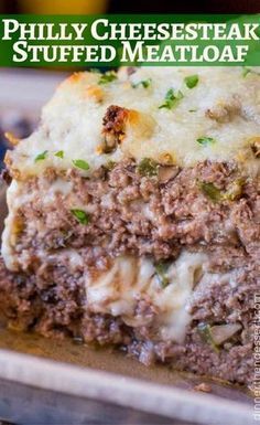 a close up of a piece of meatloaf on a plate with text overlay