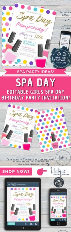 the spa day party flyer is displayed on a tablet and in front of an ipad