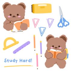 the teddy bear is holding a book and some school supplies are around it, including scissors, pencils, tape, ruler, sharpener, crayons, and paper