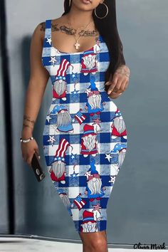 Olivia Mark - Versatile Multicolored Casual Print U Neck Vest Dress Casual Blue Dress For 4th Of July, Casual Blue Printed Mini Dress, Dress Sleeve Styles, Blue Dress Casual, Casual Vest, Hip Dress, U Neck, Sleeveless Vest, Knee Length Dresses