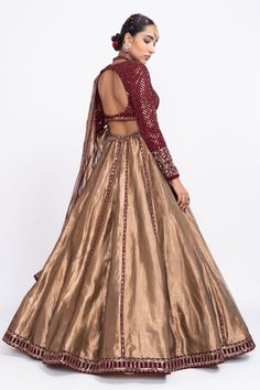 Buy Brown Lehenga Tissue Blouse Dupatta Embroidery V Bridal Set For Women by Vvani by Vani Vats Online at Aza Fashions. Tissue Lehenga, Tissue Dupatta, Vani Vats, Heavy Lehenga, Desi Clothing, Lehenga Dupatta, Antique Gold Earrings, Simple Lehenga