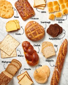 an assortment of breads and pastries on a marble counter top, labeled in english