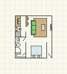 a drawing of a floor plan for a bedroom and living room in a small apartment