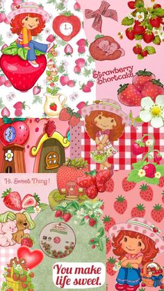 strawberry shortcakes are on the pink wallpaper and there is an image of strawberries