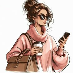 a woman in pink sweater holding a cup and cell phone