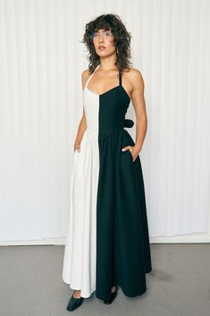 Black & White Halter Gown Dress – Fashion Brand Company White Cotton Maxi Dress With Tie Back, Fashion Brand Company, White Halter Dress, Halter Gown, Derby Day, Denim Outerwear, White Halter Maxi Dress, Garment Bag, Halter Maxi Dresses