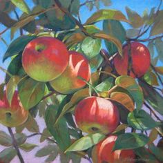 an oil painting of apples on a tree branch