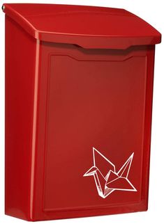 a red mailbox with an origami bird on the front and bottom panel