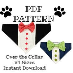 two dog collars with bow ties and paw prints on the front, one has a red bow tie