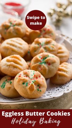 an eggless butter cookies holiday baking recipe on a plate with sprinkles