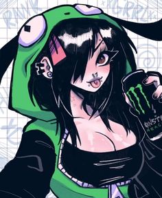 a drawing of a woman in a green outfit holding a can of monster energy drink