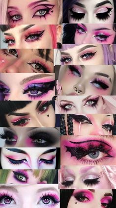 Pink Punk Eye Makeup, Pink And Black Emo Makeup, Pink Goth Makeup Ideas, Goth Kawaii Makeup, Emo Princess Makeup, Pastel Goth Eye Makeup, Bright Goth Makeup, Pastel Goth Eyeshadow