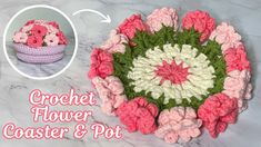 a crochet flower coaster and pot holder on a marble surface with the words crochet flower coaster and pot holder below it