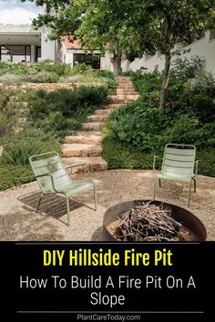 two chairs sitting on top of a gravel field next to a fire pit