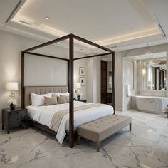 a bedroom with marble floors and white walls