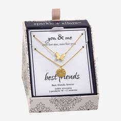 # Pieces In Set: 2Included: 2 Necklace(s), 2 Pendant(s)Features: Nickel Free, Adjustable, In A Gift Box, Family Jewelry, InspirationalJewelry Closure: Lobster ClaspLink Construction: SemisolidShape: ButterflyStone: No StoneMetal Color: Gold ToneChain Length: 16 InchChain Width: 1.2 MillimetersExtender Length: 2 InchPendant Length: 11.4mmPendant Width: 11.4mmMetal: 14k Gold Over BrassChain Construction: LinkCare: Polishing ClothCountry of Origin: Imported Gold Charm Necklaces For Valentine's Day And Friendship, Gold Necklaces For Best Friend Gift On Mother's Day, Gold Necklace For Best Friend Mother's Day Gift, Inspirational Jewelry For Friendship Gift, Gold Hallmarked Jewelry For Best Friend Gift, Gold Necklaces For Friendship And Mother's Day, Gold Necklaces For Mother's Day And Friendship, Adjustable Gold Charm Necklace For Best Friend, Gold Jewelry For Best Friend Gift