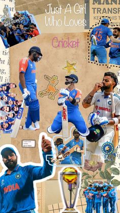 a collage of photos with different sports equipment and people in the background, including men's cricket gear