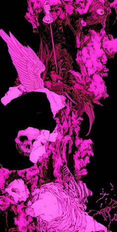 pink flowers and skulls against a black background