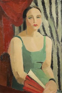 a painting of a woman sitting in a chair holding a book and wearing a green dress