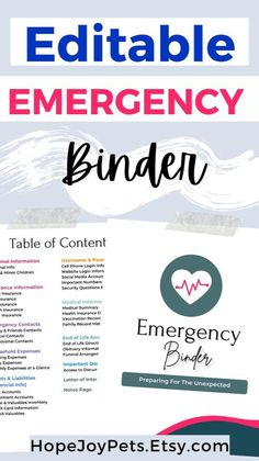 an emergency binder with the words, editable emergency binder written below it