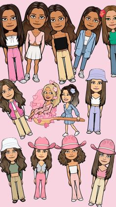 some cartoon girls with different outfits and hair styles, all wearing pink hats on their heads