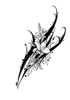 a black and white drawing of flowers with swirls on it's stems, in the shape of an arrow