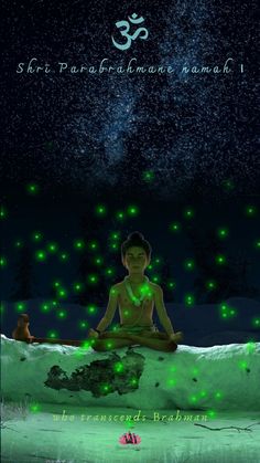 a man sitting in the middle of a body of water surrounded by green fireflies