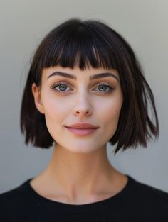 Süße Kurzhaarfrisuren mit Pony für Frauen: Einfache Ideen für runde Gesichter Short Hair With Short Fringe, Short Bob With Bangs For Fine Hair Round Faces, Bob With Fringe Round Face, Haircut With Short Bangs, Medium Length Bob With Layers And Bangs, Short Black Hair With Bangs Round Faces, Jaw Length Bob With Bangs, Short Dark Bob With Bangs, Short Bangs Bob